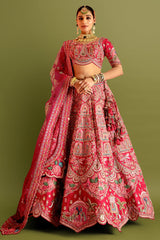 Pink and Red Velvet Tissue Patch Work Designer Bridal Lehenga with Elephant and Peacock Motif On Border