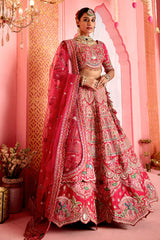 Pink and Red Velvet Tissue Patch Work Designer Bridal Lehenga with Elephant and Peacock Motif On Border