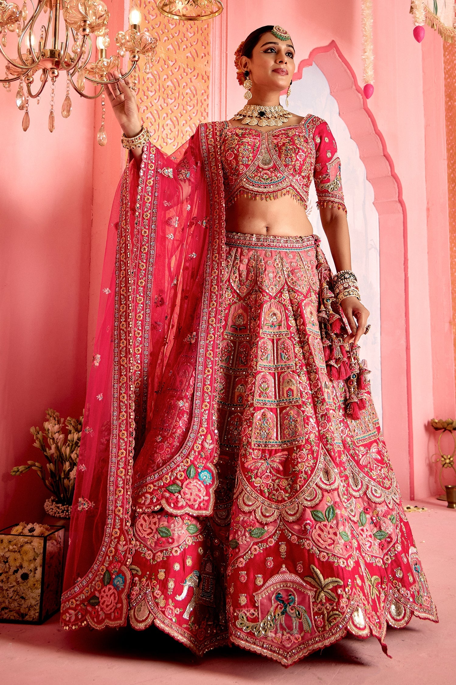 Pink and Red Velvet Tissue Patch Work Designer Bridal Lehenga with Elephant and Peacock Motif On Border