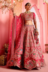 Pink and Red Velvet Tissue Patch Work Designer Bridal Lehenga with Elephant and Peacock Motif On Border