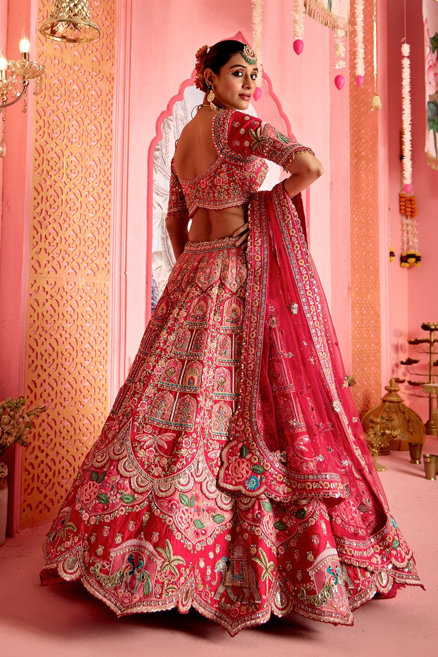 Pink and Red Velvet Tissue Patch Work Designer Bridal Lehenga with Elephant and Peacock Motif On Border