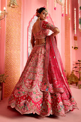 Pink and Red Velvet Tissue Patch Work Designer Bridal Lehenga with Elephant and Peacock Motif On Border
