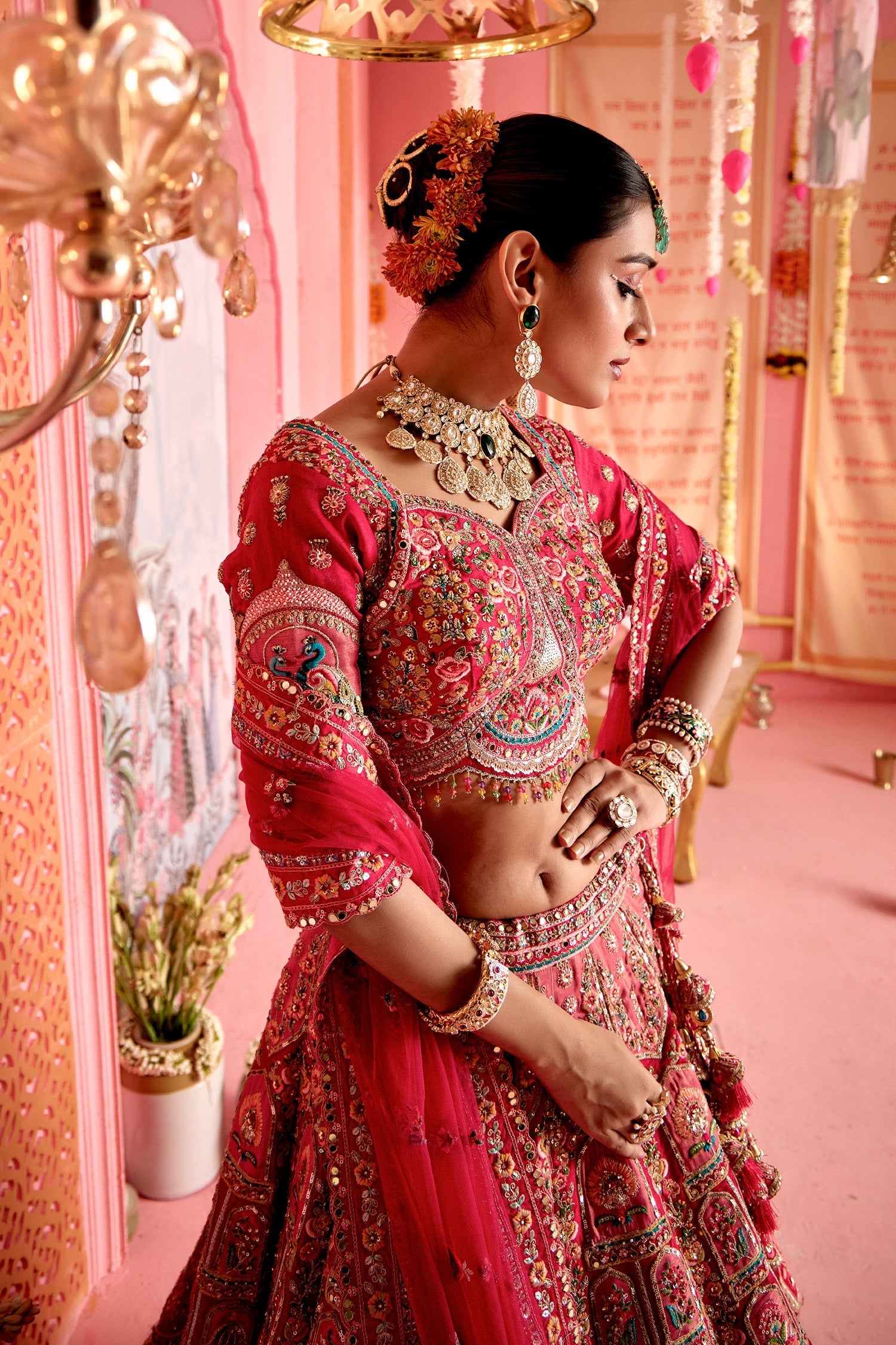Pink and Red Velvet Tissue Patch Work Designer Bridal Lehenga with Elephant and Peacock Motif On Border