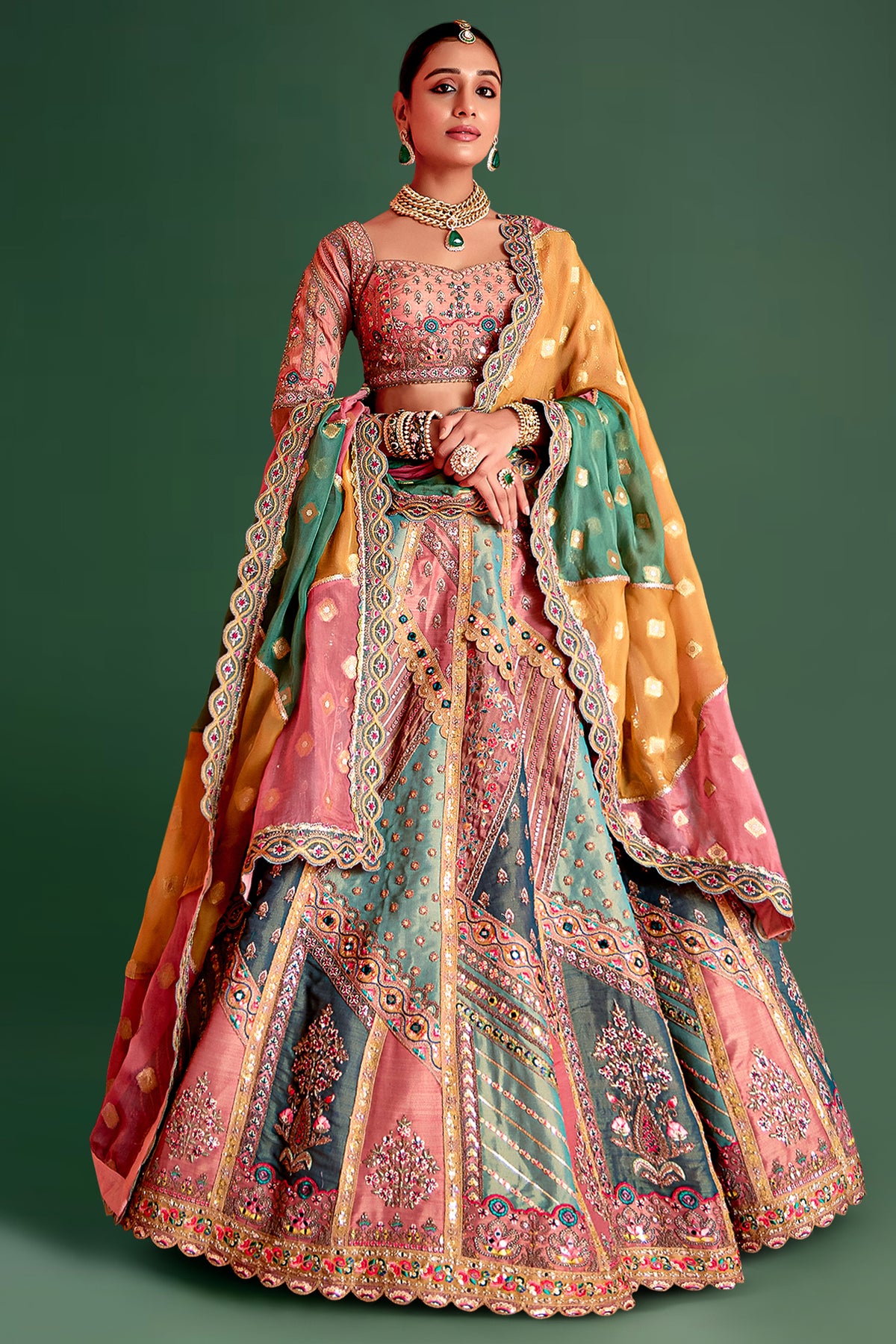 Multi Colored Tissue Patch Work Designer Lehenga