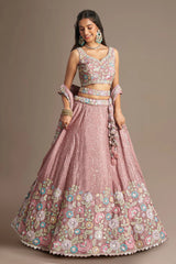 Rose Pink Chiffon Sequinned and Floral Embroidered Lehenga