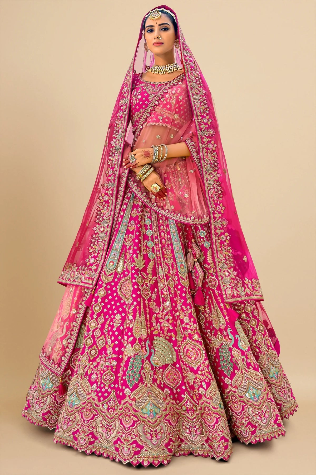 Pink Silk Sequin Embroidered Heavy Bridal Lehenga