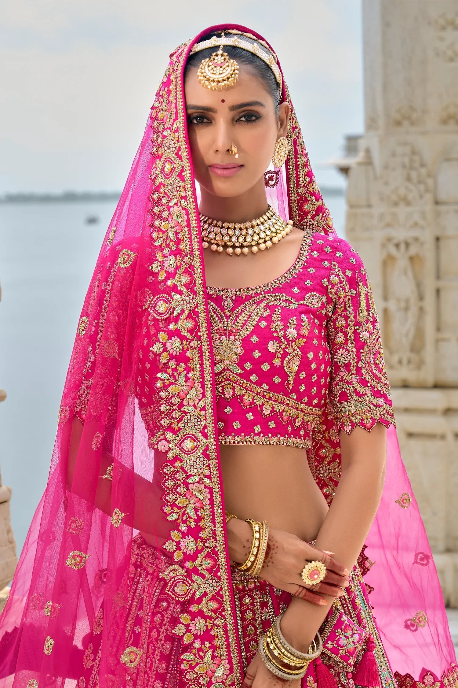 Pink Silk Sequin Embroidered Heavy Bridal Lehenga