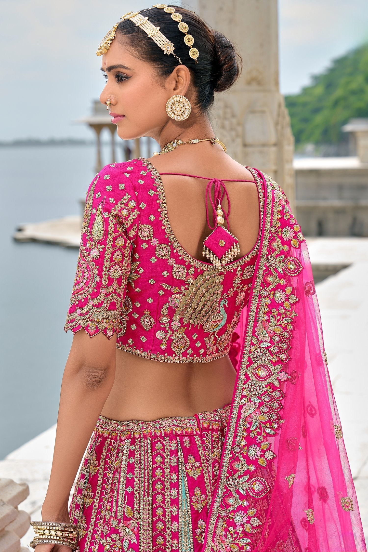 Pink Silk Sequin Embroidered Heavy Bridal Lehenga
