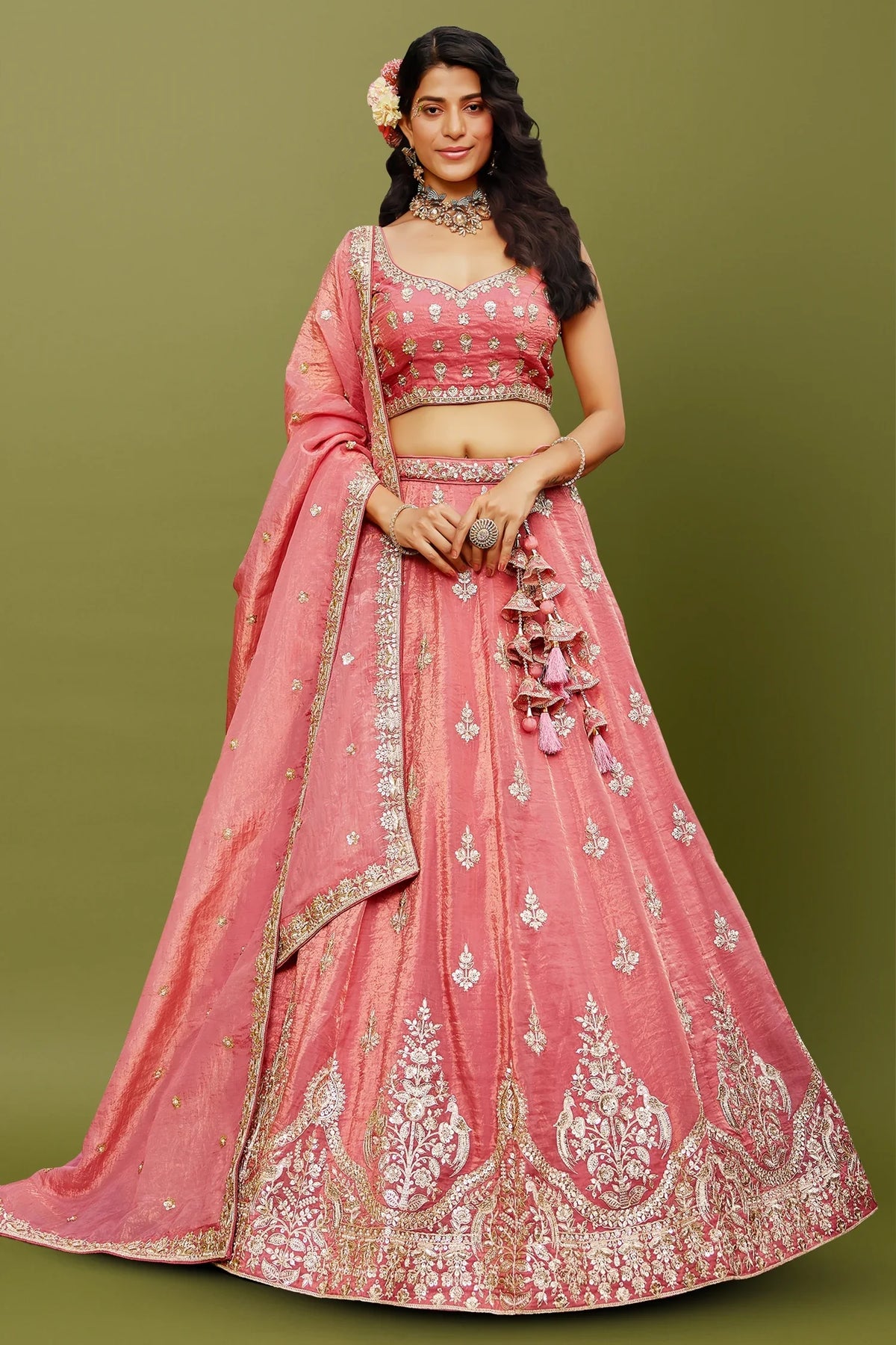 Coral Pink Organza Silk Lehenga with Sequin Zari Embroidered Border