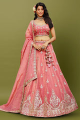 Coral Pink Organza Silk Lehenga with Sequin Zari Embroidered Border
