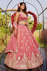 Coral Pink Organza Silk Lehenga with Sequin Zari Embroidered Border