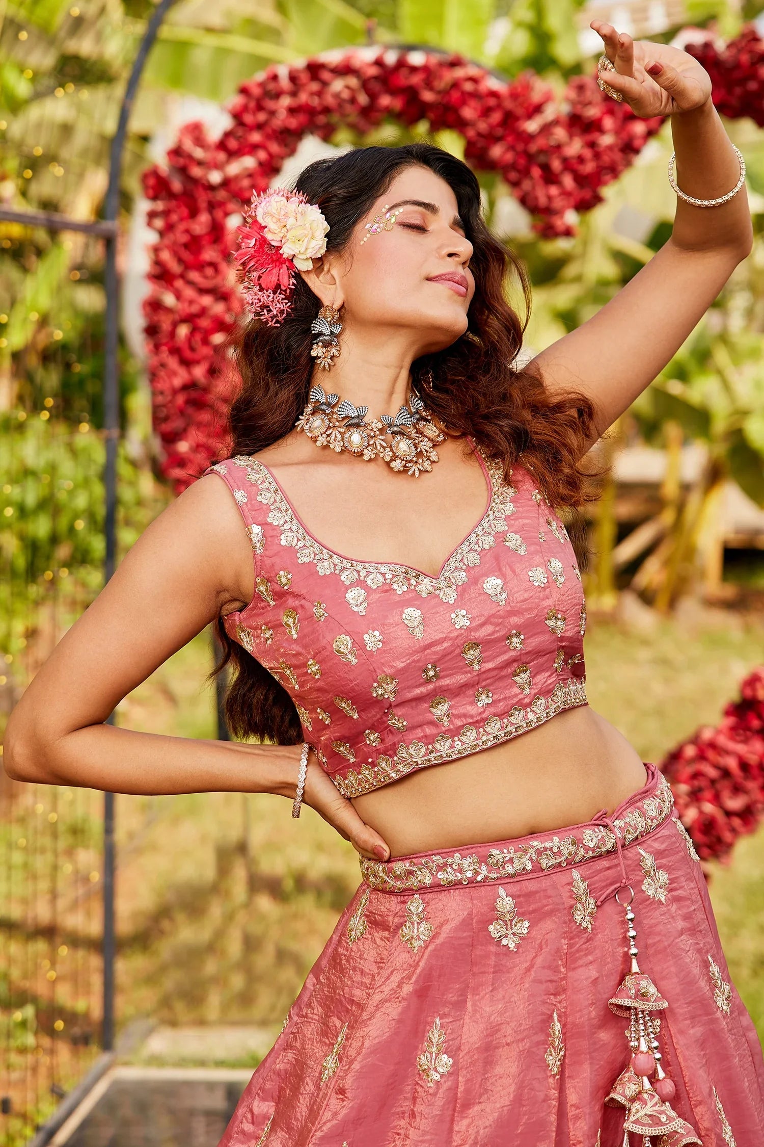 Coral Pink Organza Silk Lehenga with Sequin Zari Embroidered Border