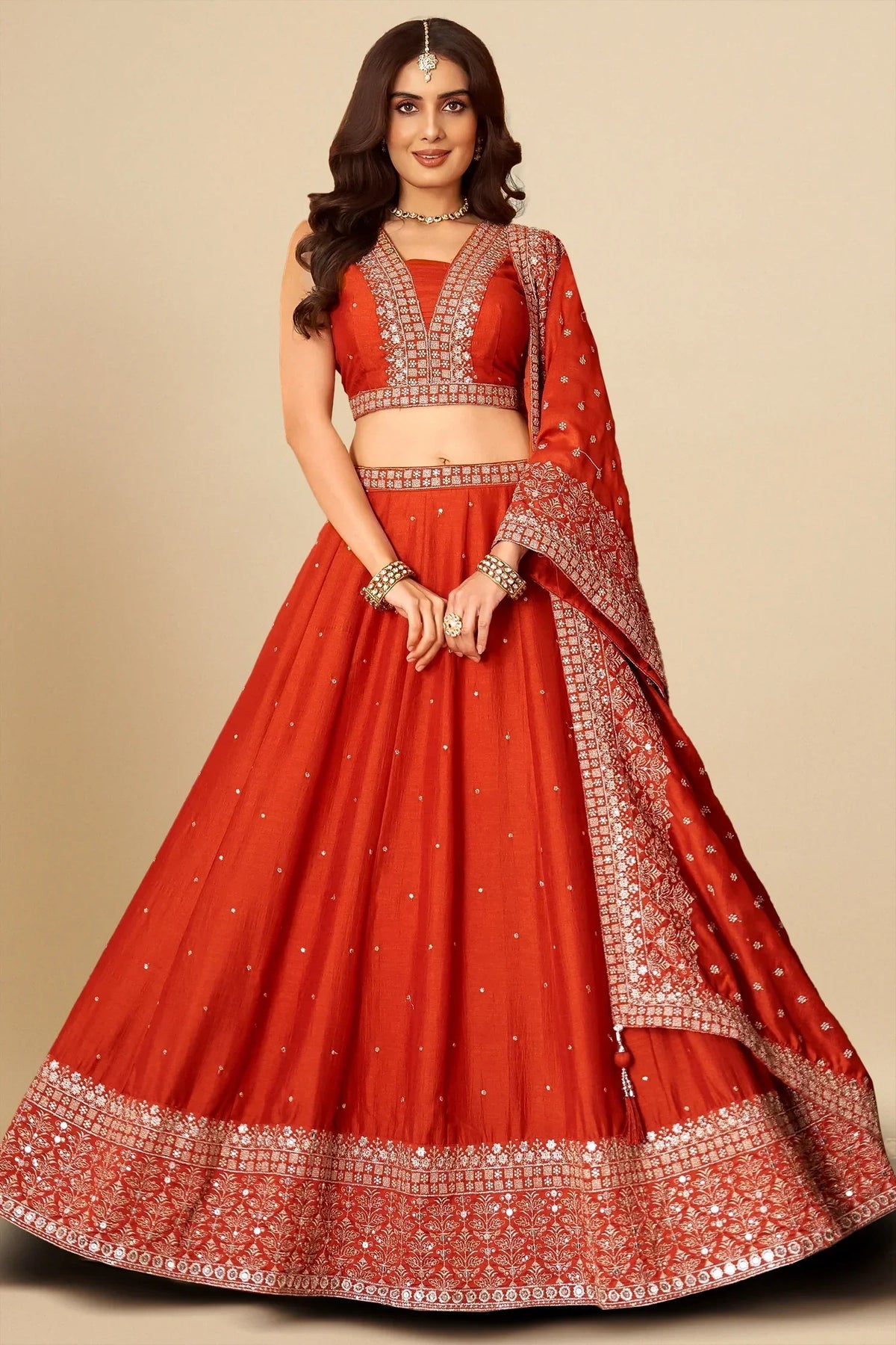 Orange Silk Sequin Embroidered Lehenga