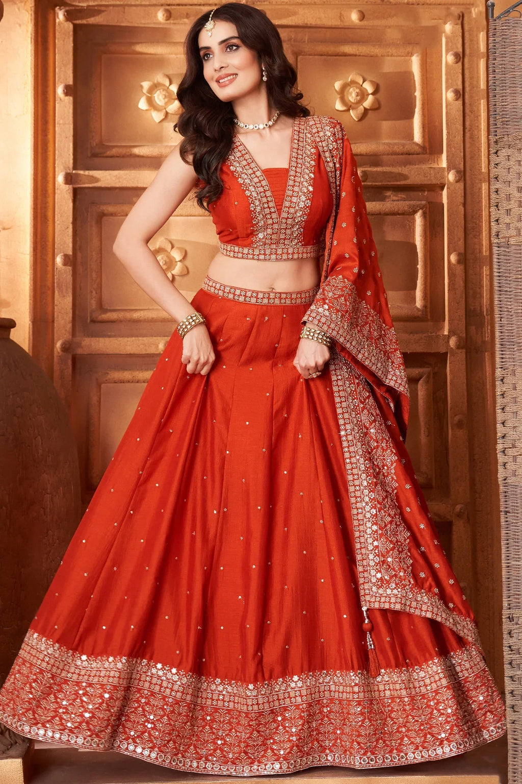 Orange Silk Sequin Embroidered Lehenga
