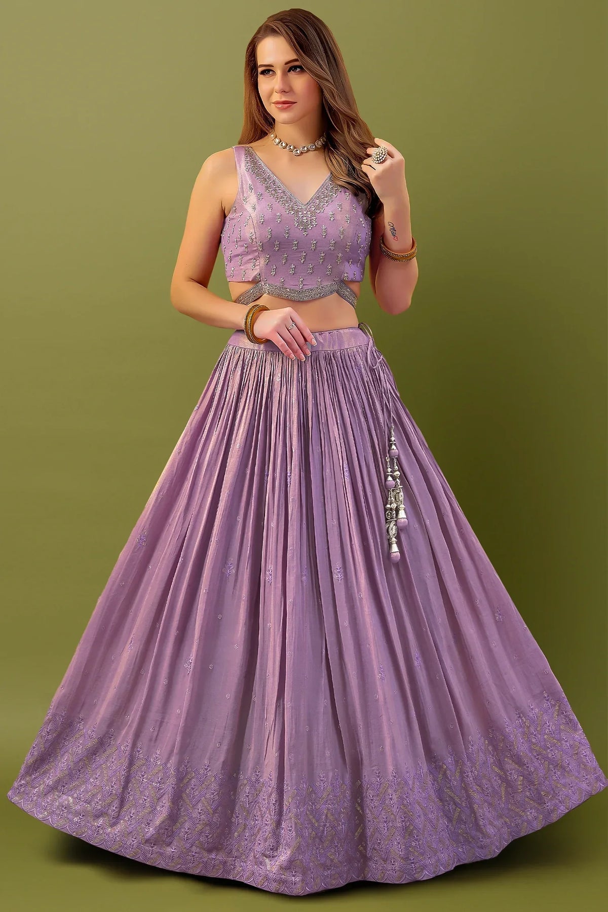 Purple Tissue Shimmer Sequin Embroidered Pleated Lehenga