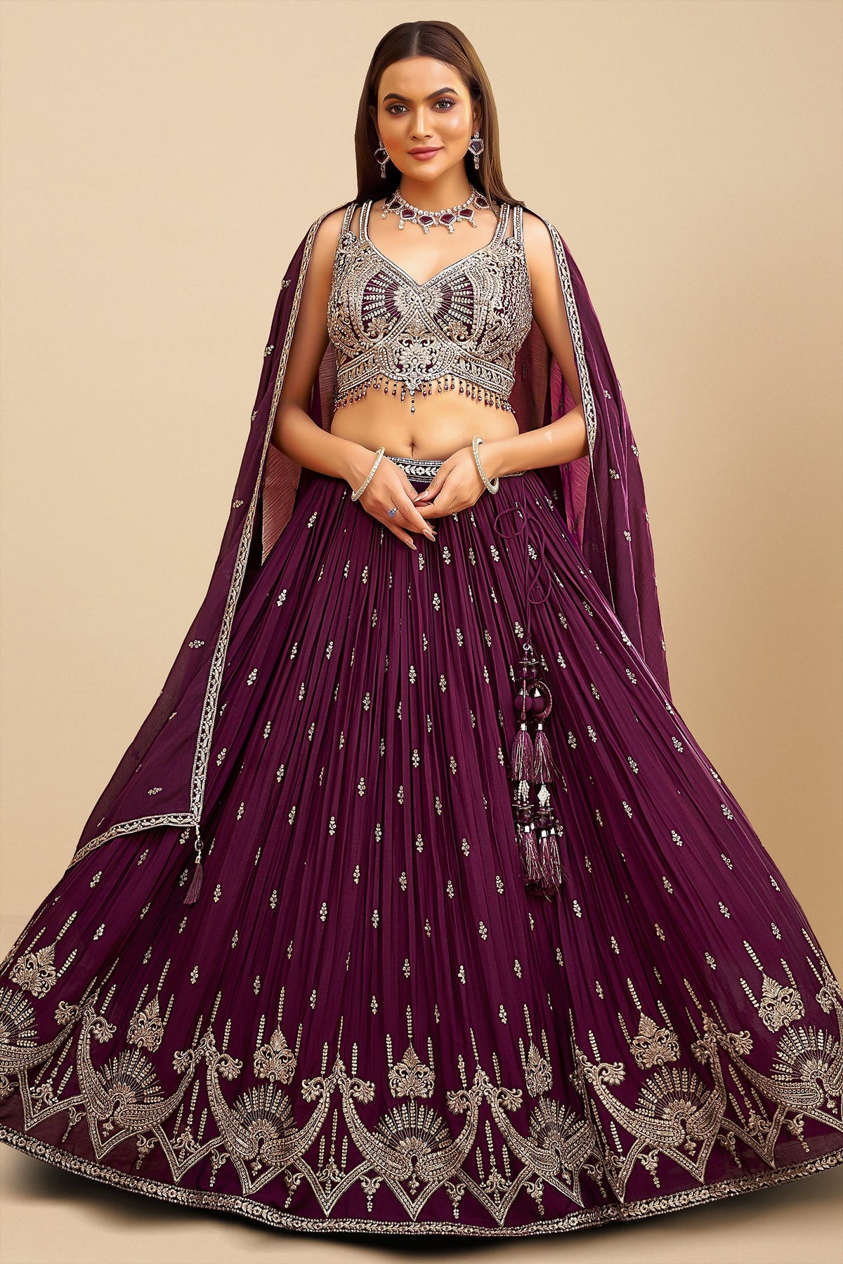 Wine Purple Georgette Sequin Embroidered Pleated Flared Lehenga