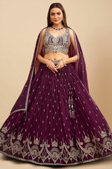Wine Purple Georgette Sequin Embroidered Pleated Flared Lehenga