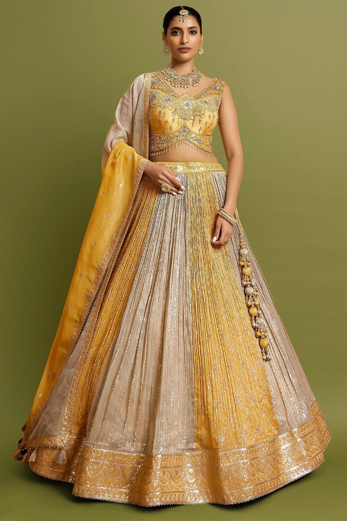 Golden and Beige Tissue Sequin Worked Designer Lehenga