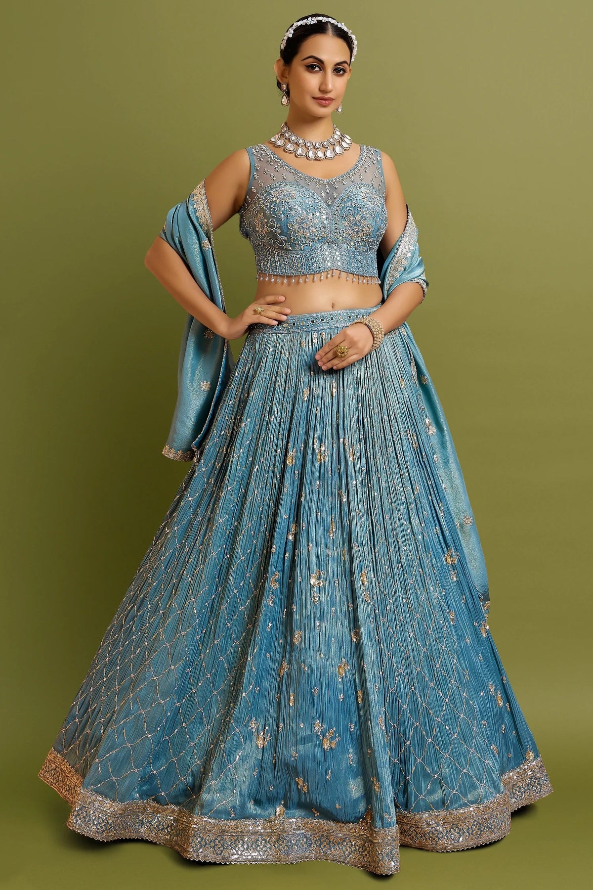 Carolina Blue Crushed Tissue Sequinned Designer Lehenga