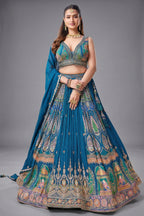 Blue Chinon Woven Pleated Lehenga