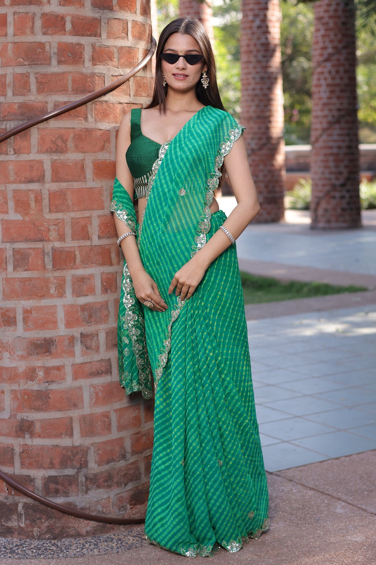 Green Chiffon Georgette Leheriya Saree with Sequin Work Scallop Border