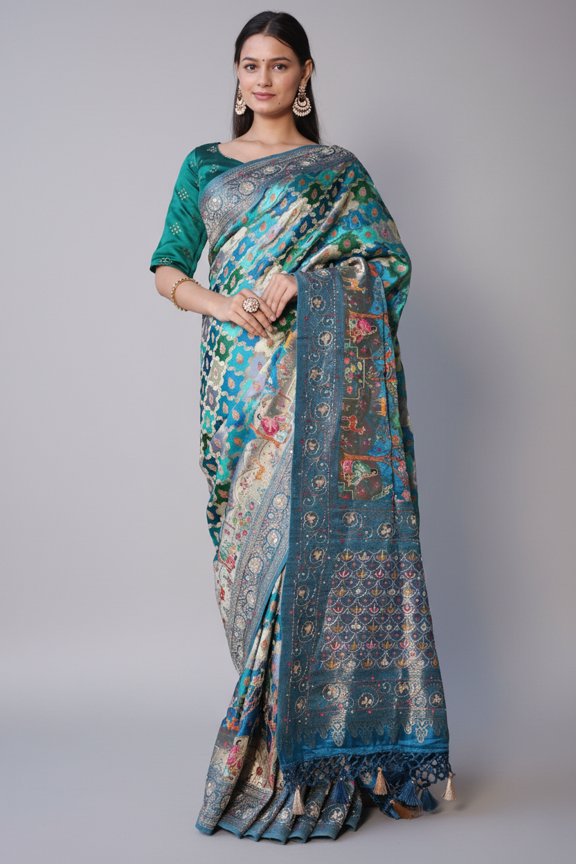Blue and Multi Colored Modal Silk Woven Saree with Gota and Applique Work