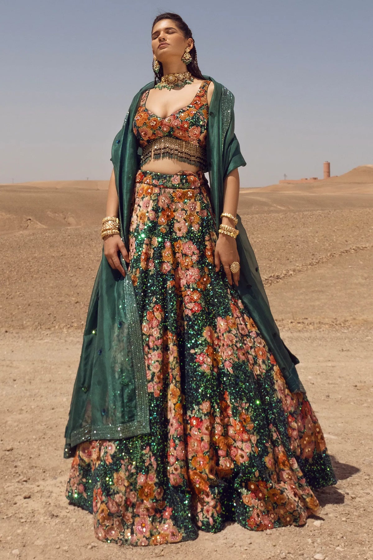 Green Velvet Designer Sequinned Lehenga