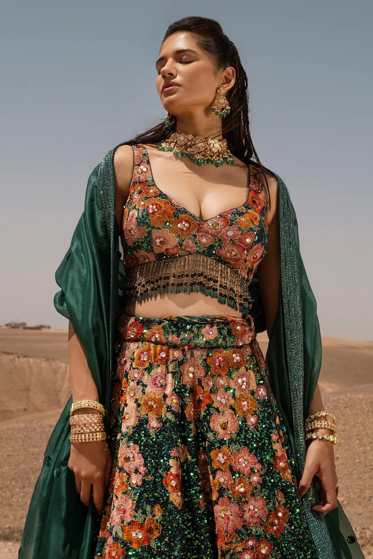 Green Velvet Designer Sequinned Lehenga