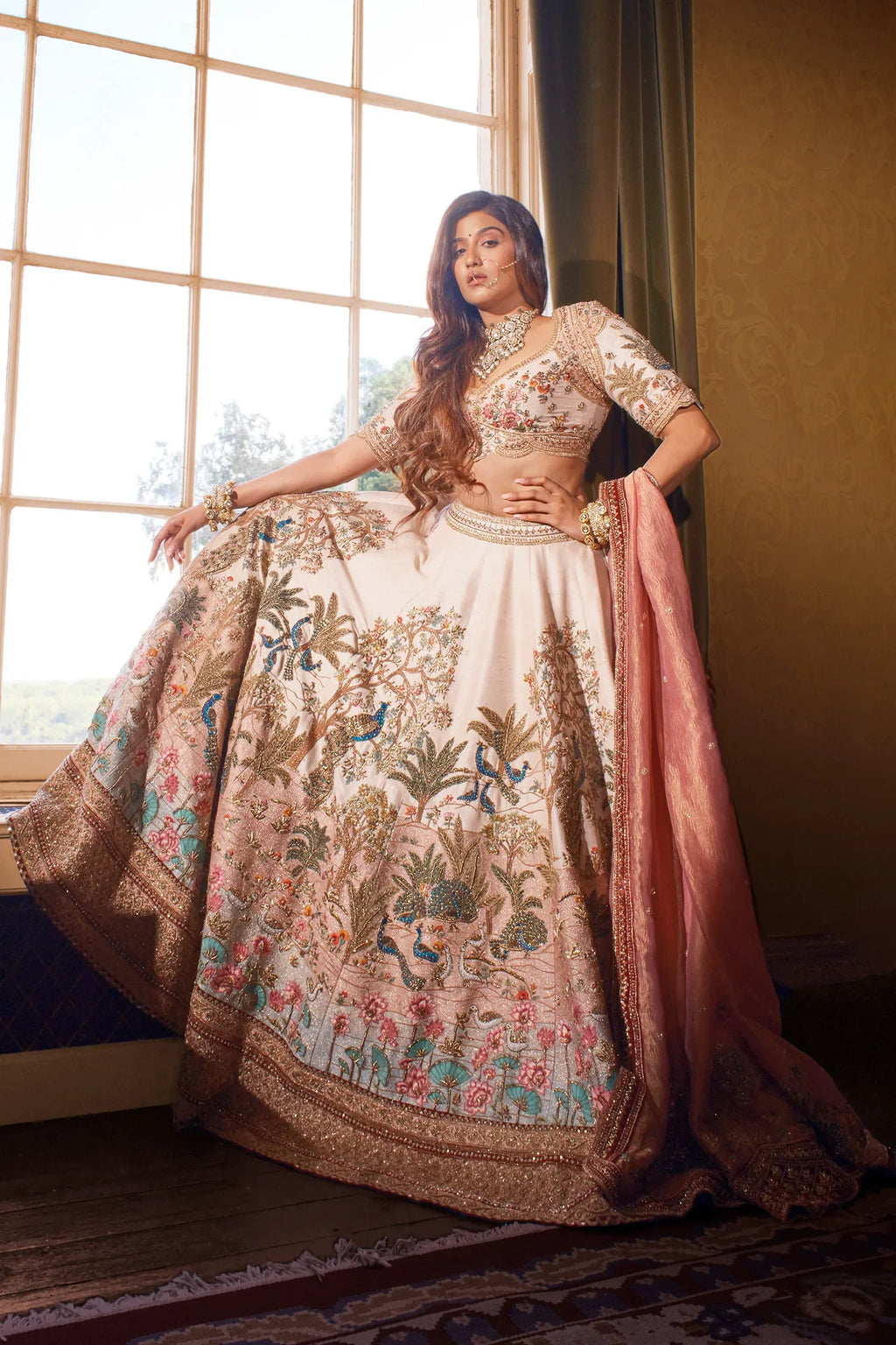 Light Pink Bridal Heavy Work Lehenga in Raw Silk with Zardosi
