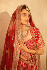 Red Raw Silk Designer Zardosi and Cutdana Worked Bridal Lehenga