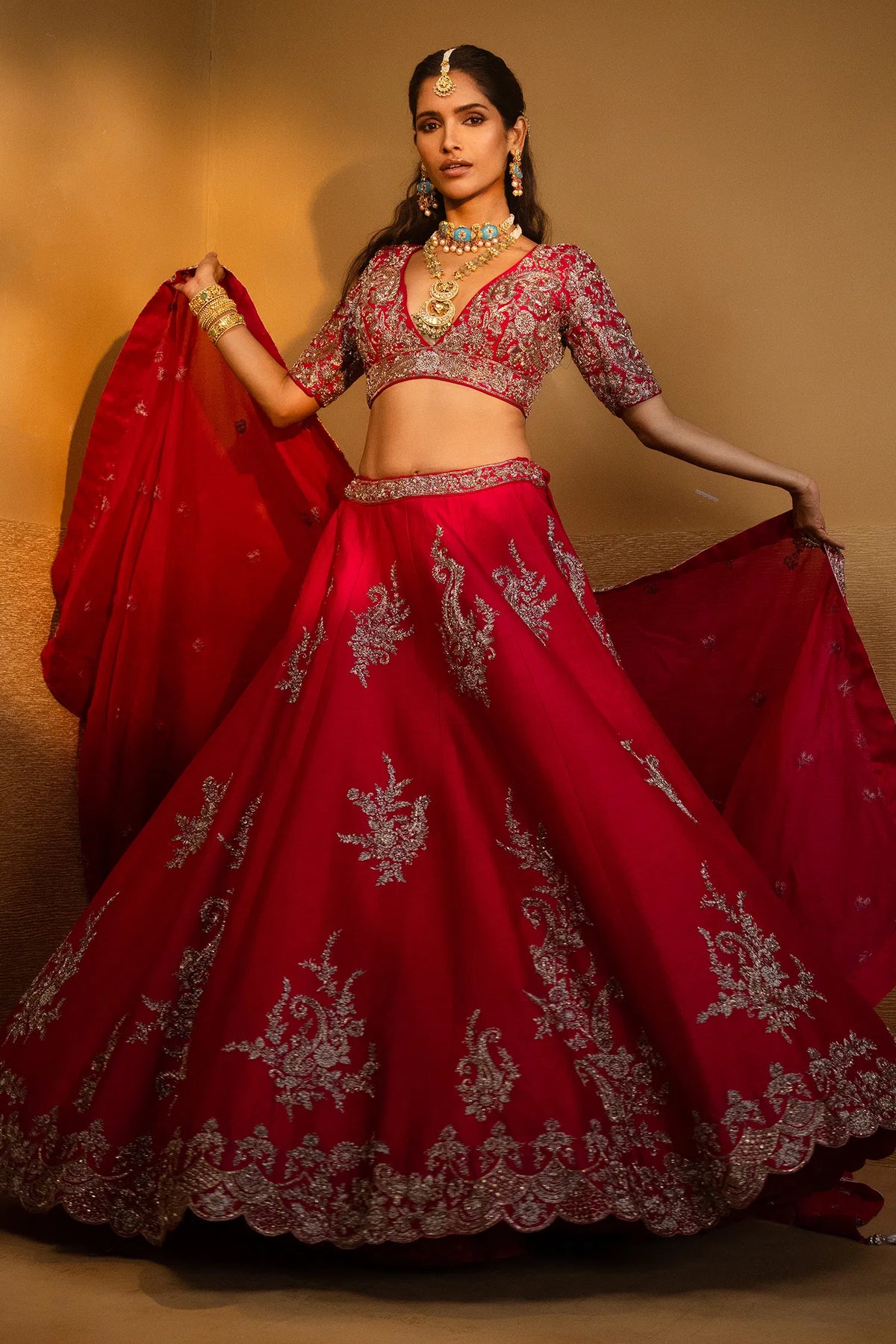 Pink Raw Silk Designer Heavy Patch Work Lehenga with Deep V Neck Blouse