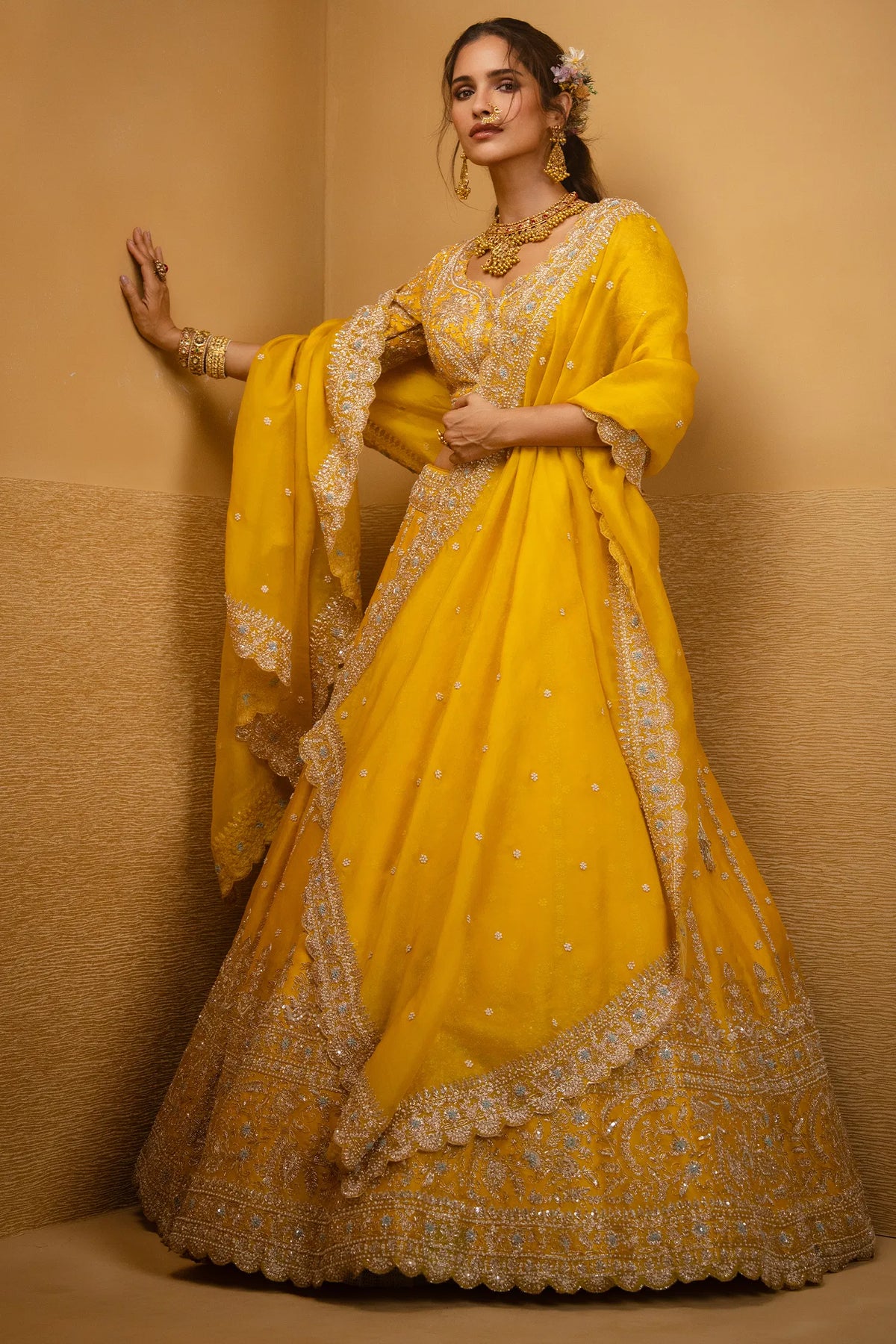 Yellow Organza Handworked Designer Lehenga with Sequin and Beaded Detailing