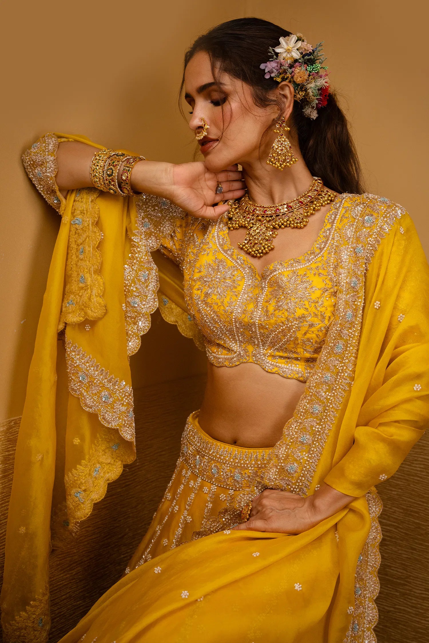 Yellow Organza Handworked Designer Lehenga with Sequin and Beaded Detailing