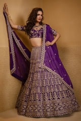 Purple Raw Silk Scallop Jaal Designer Handworked Lehenga with V Neck Blouse
