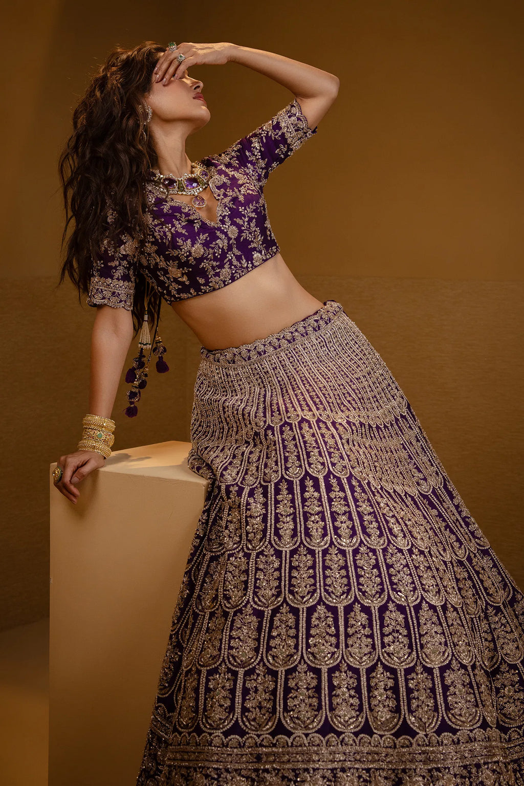 Purple Raw Silk Scallop Jaal Designer Handworked Lehenga with V Neck Blouse