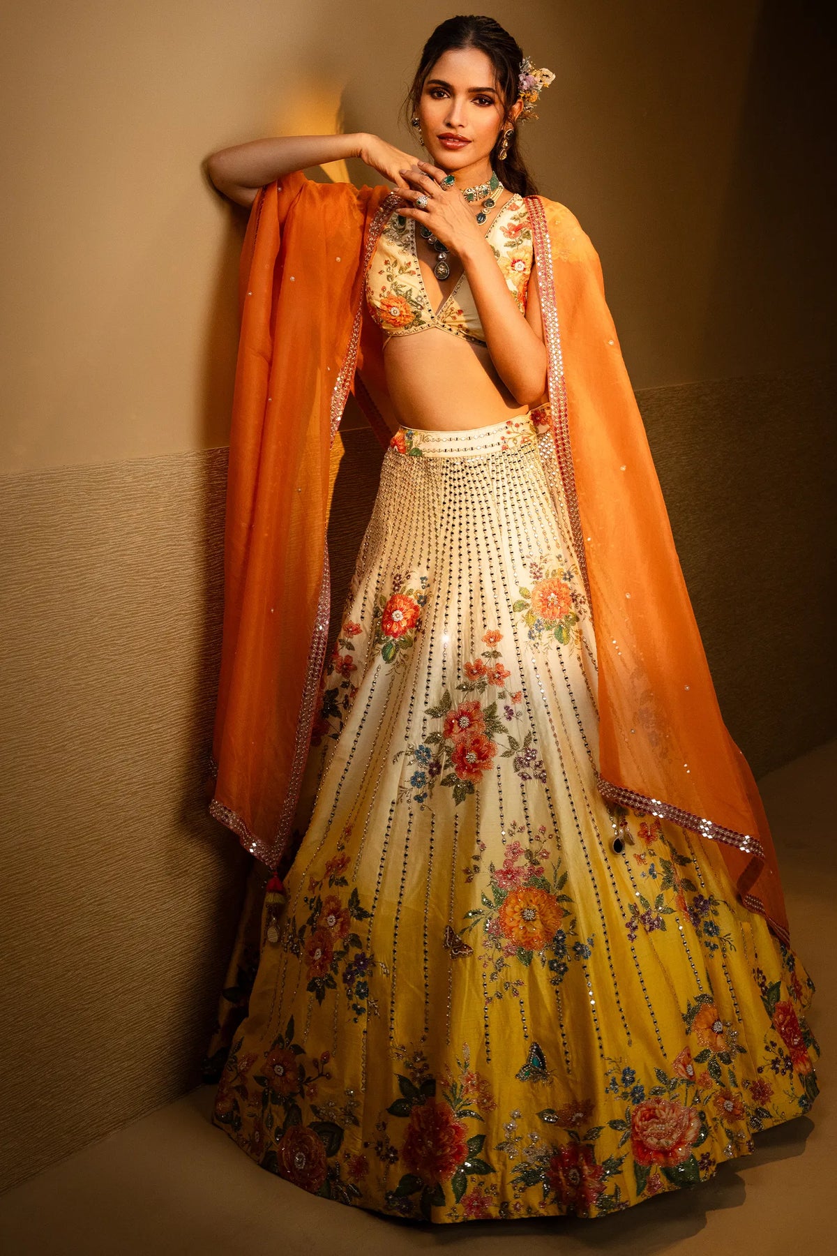 Yellow Ombre Raw Silk Designer Floral Motifs and Mirror Worked Lehenga with Deep V Neckline Blouse