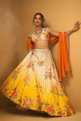 Yellow Ombre Raw Silk Designer Floral Motifs and Mirror Worked Lehenga with Deep V Neckline Blouse