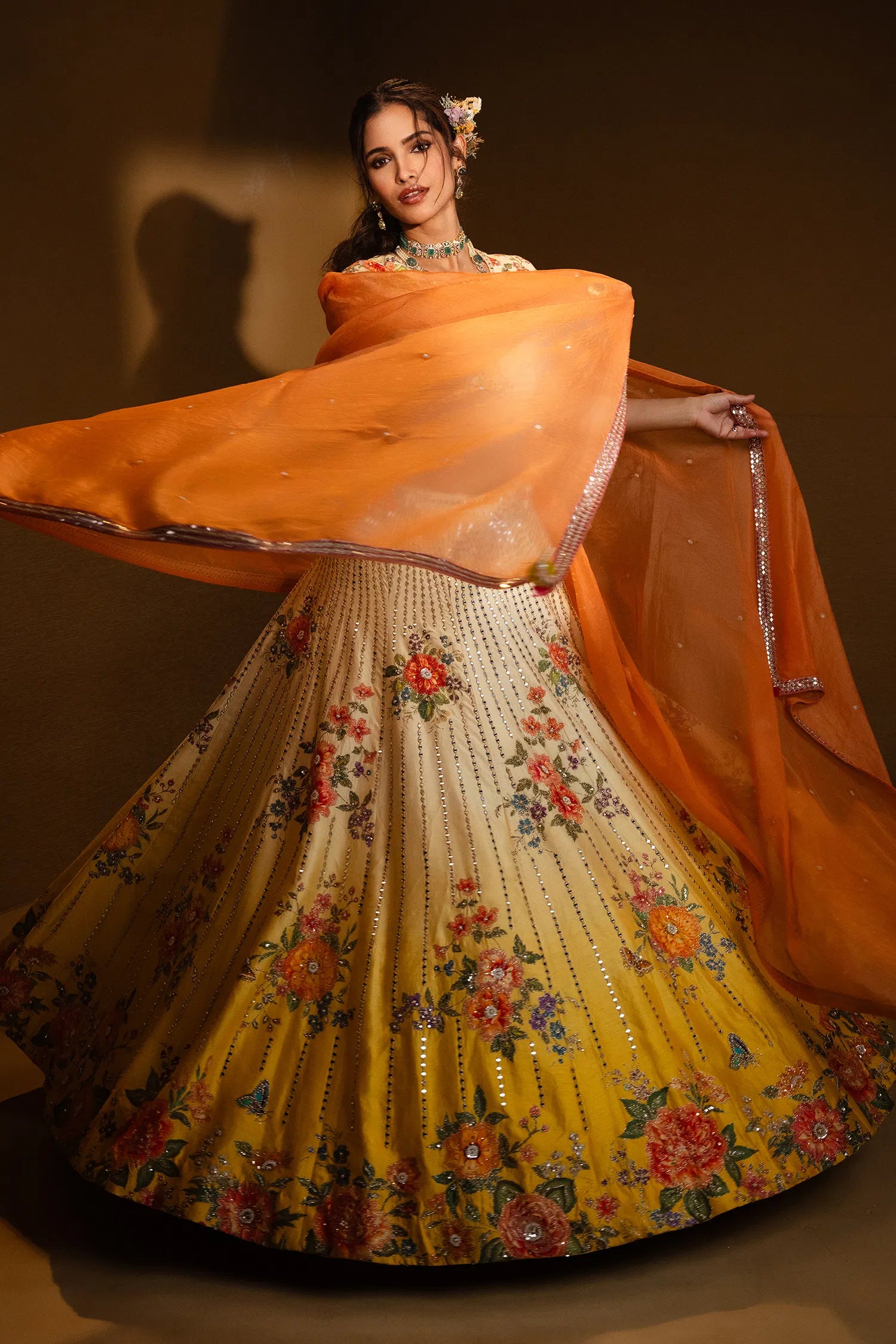 Yellow Ombre Raw Silk Designer Floral Motifs and Mirror Worked Lehenga with Deep V Neckline Blouse