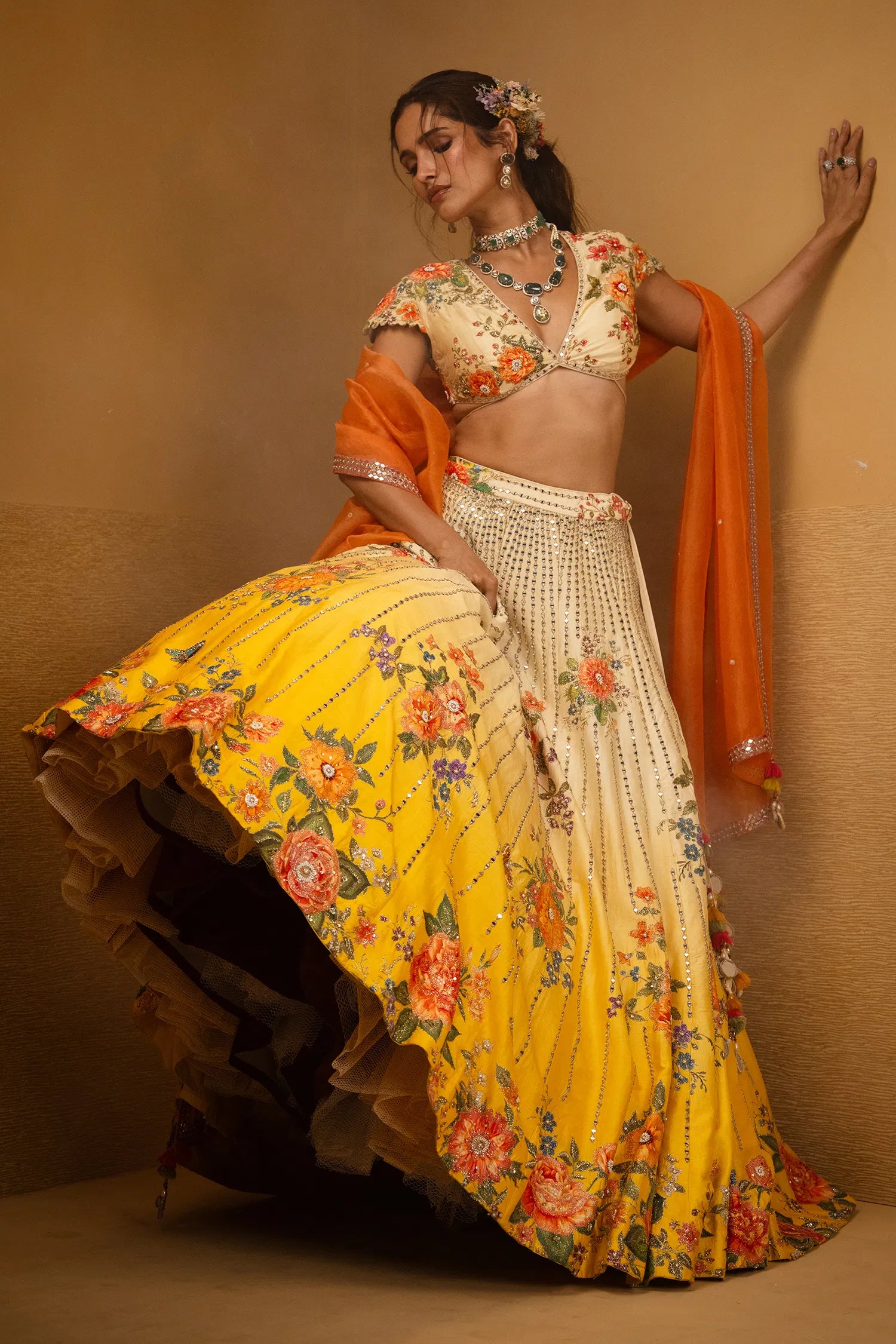 Yellow Ombre Raw Silk Designer Floral Motifs and Mirror Worked Lehenga with Deep V Neckline Blouse