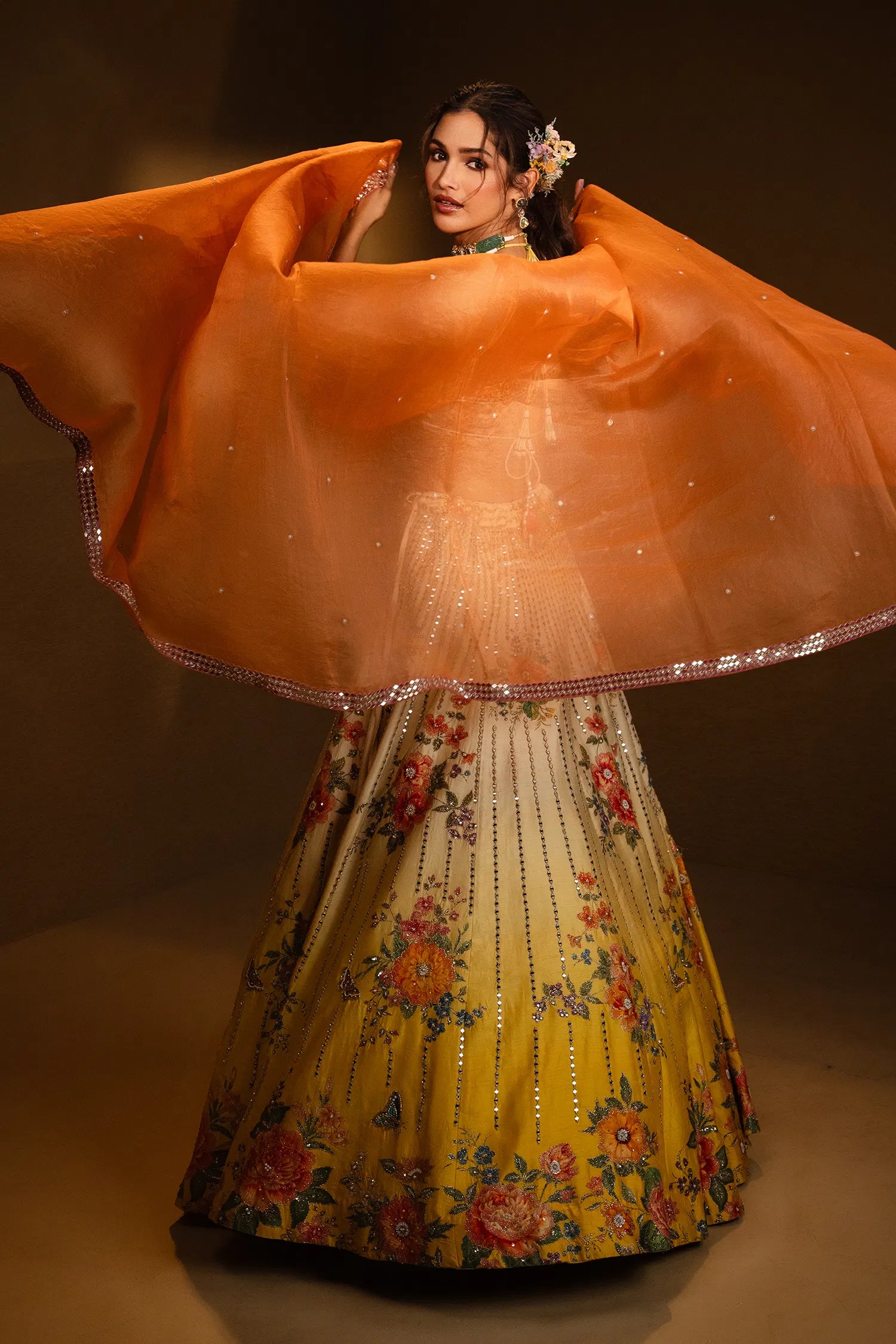 Yellow Ombre Raw Silk Designer Floral Motifs and Mirror Worked Lehenga with Deep V Neckline Blouse