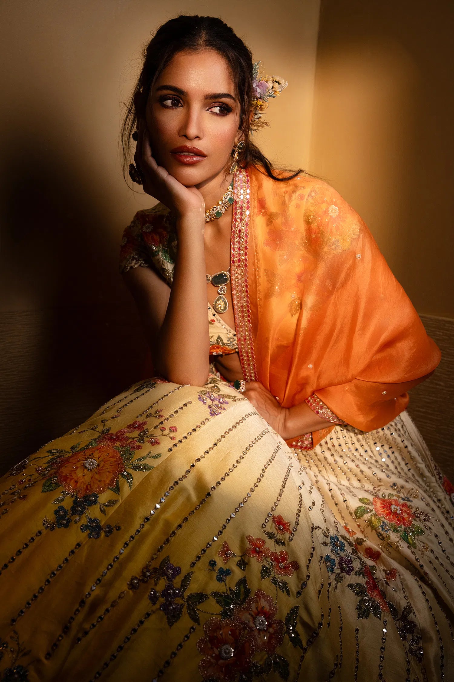 Yellow Ombre Raw Silk Designer Floral Motifs and Mirror Worked Lehenga with Deep V Neckline Blouse