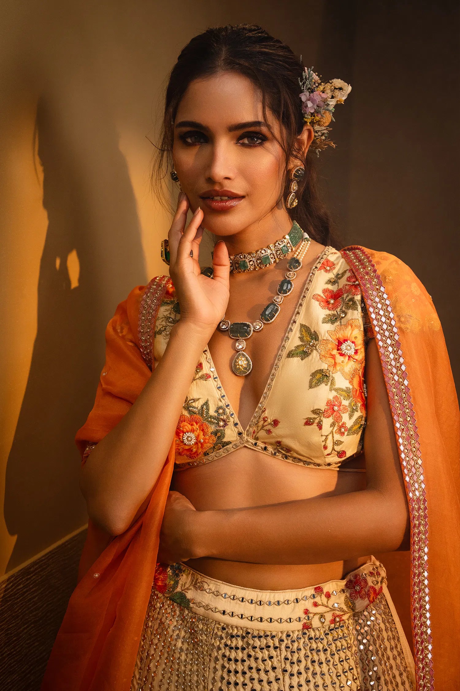 Yellow Ombre Raw Silk Designer Floral Motifs and Mirror Worked Lehenga with Deep V Neckline Blouse