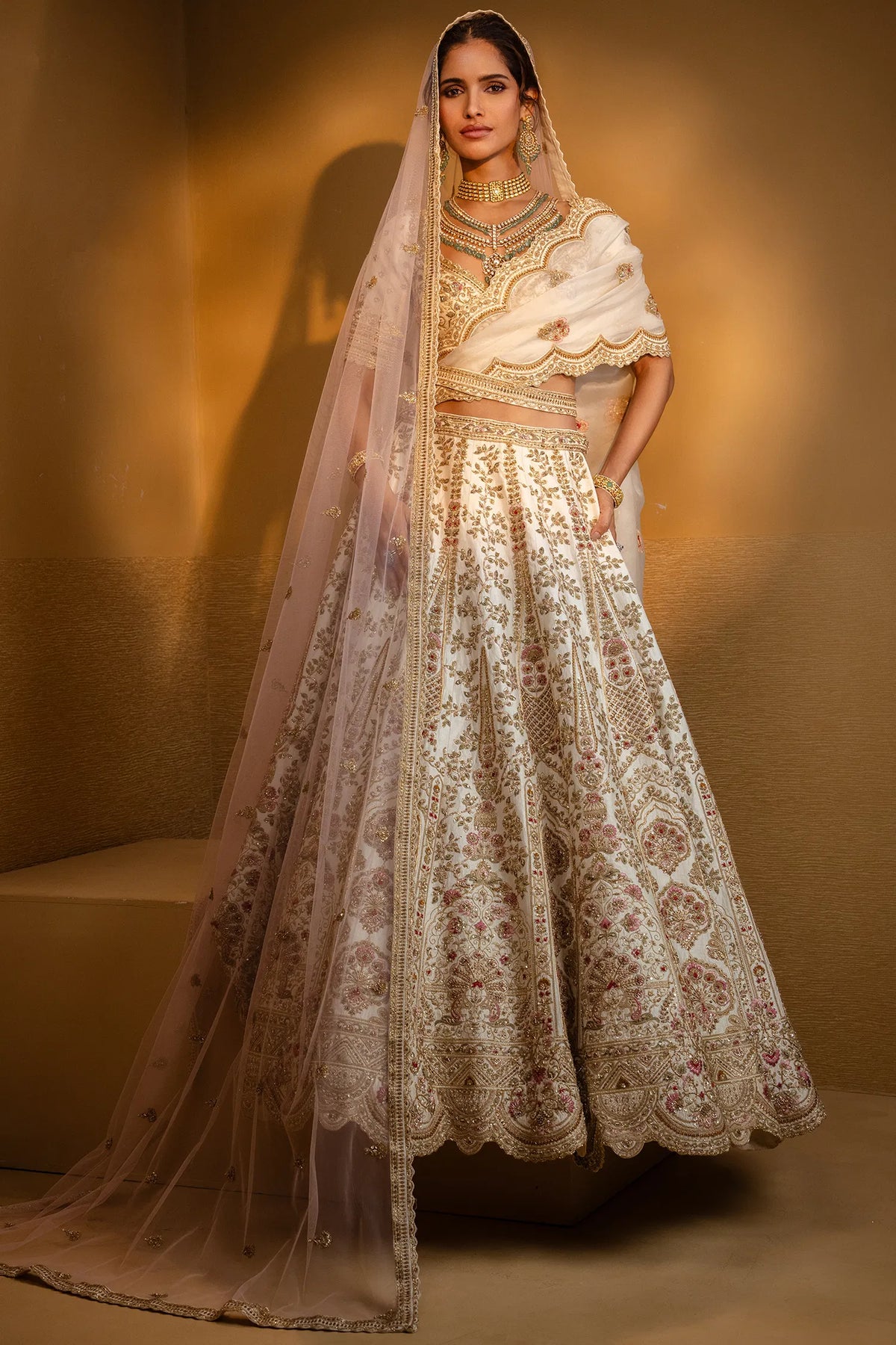Cream Raw Silk Heavy Designer Bridal Lehenga with Scallop V