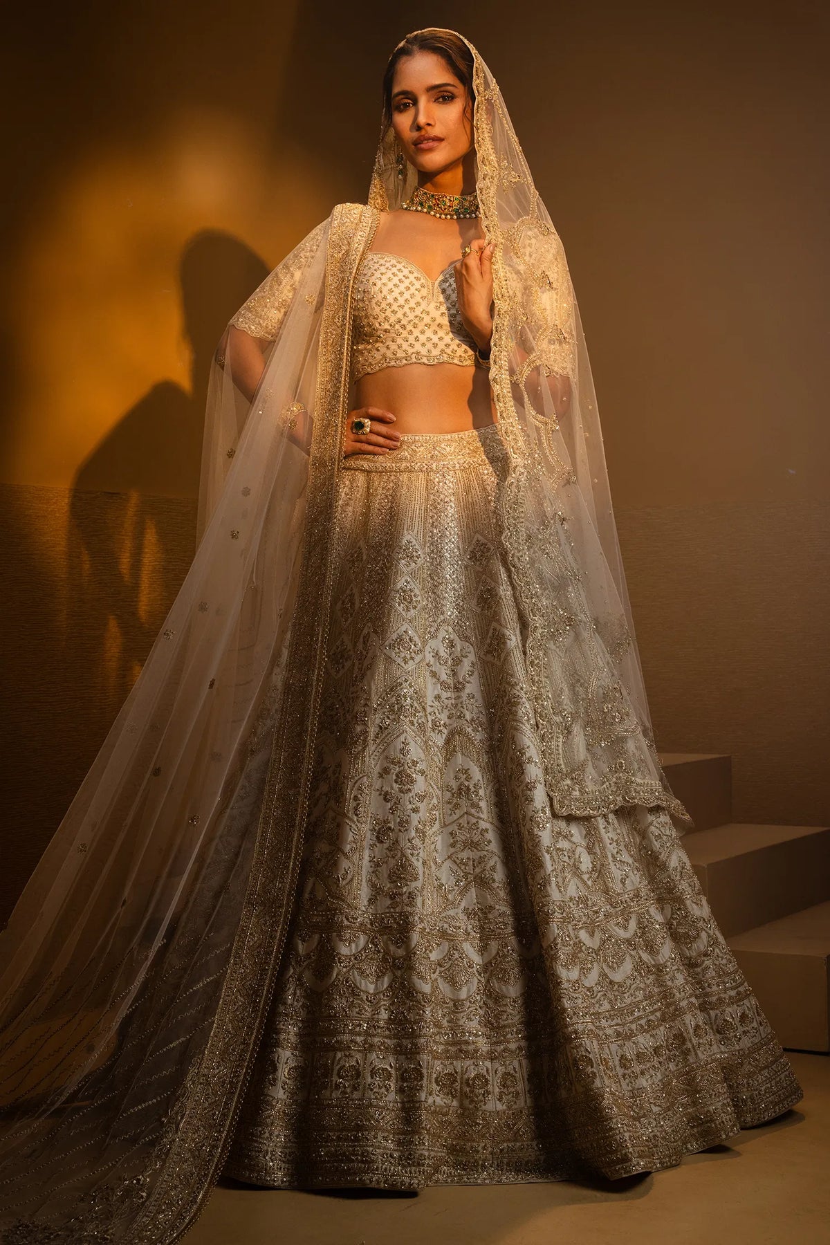 Cream Raw Silk Designer Heavy Bridal Lehenga with Sweet Heart Neck