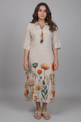 Oyster Beige Linen Floral Printed Dress