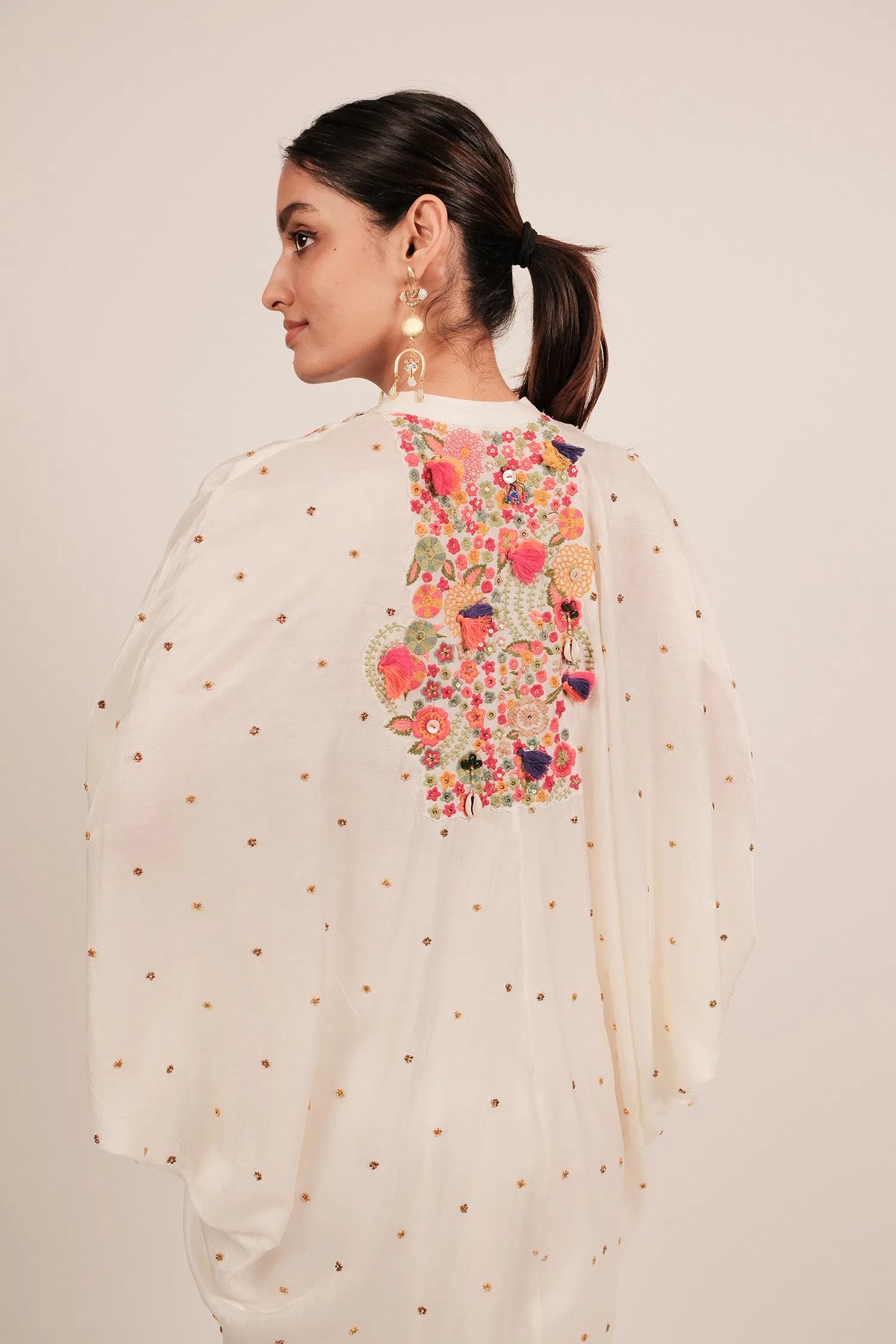 Pearl White Silk Intricate Thread Embroidery Kaftan Style Top