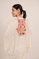 Pearl White Silk Intricate Thread Embroidery Kaftan Style Top