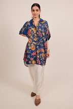 Blue Silk Floral Printed High and Low Top with Pocket