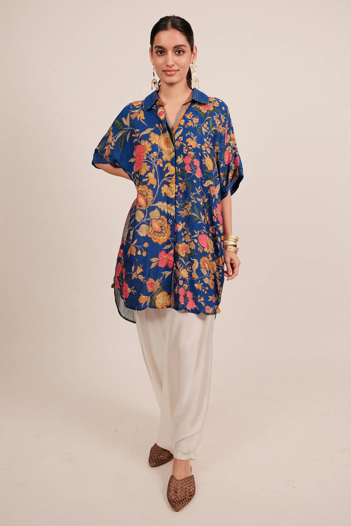 Blue Silk Floral Printed High and Low Top with Pocket
