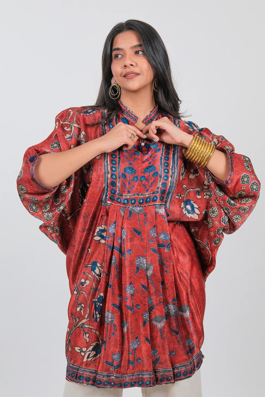 Red Crepe Silk Printed Kaftan Style Tunic